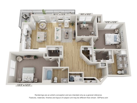 Floor plan for 2 beds, 2 baths, 1329 sqft